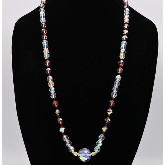 Vintage Glass Crystal Beaded Necklace Aurora Borealis Heavy Chunky Signed Bin3B